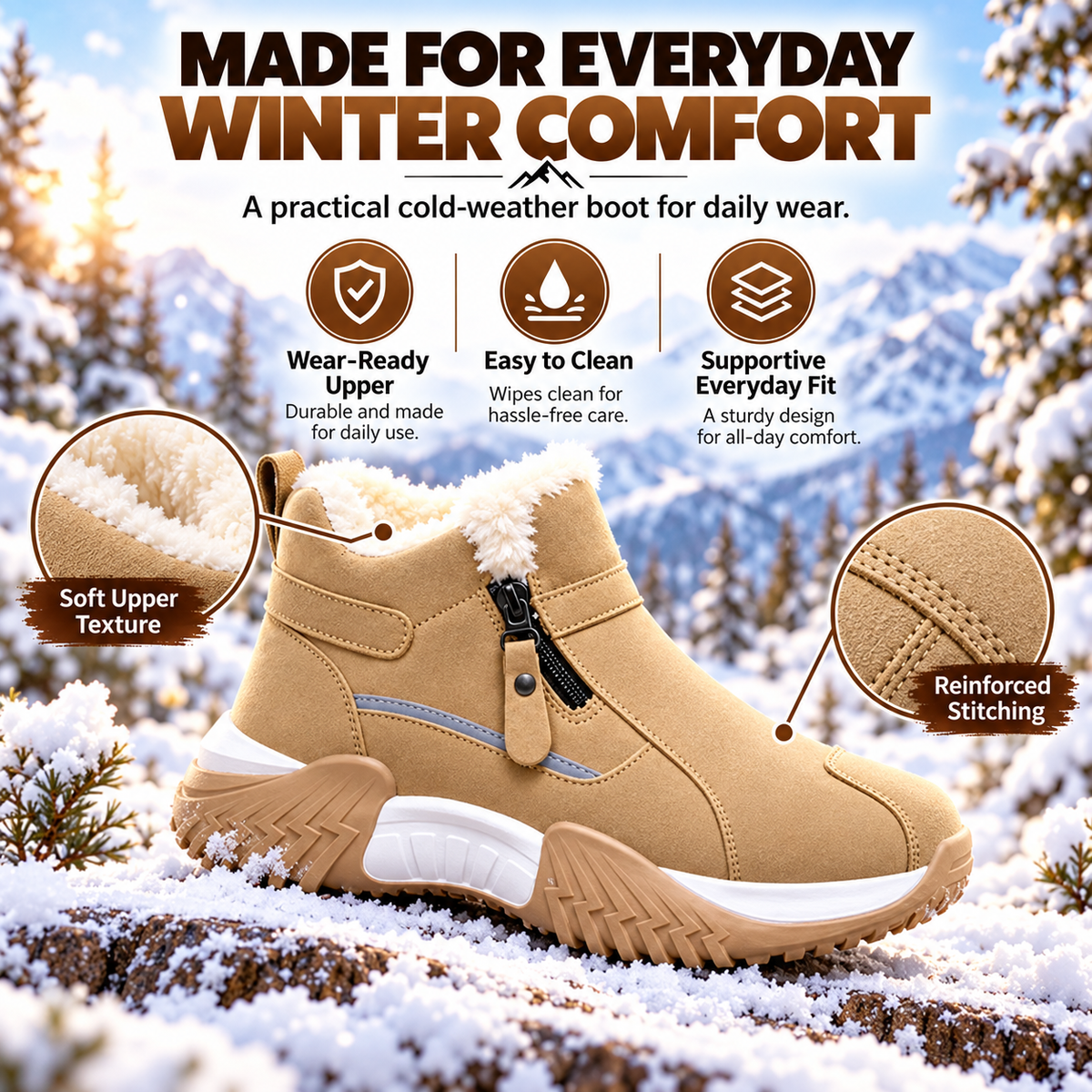 🔥 Cozy Fleece-Lined Winter Boots ❄️ Warm & Comfortable Anti-Slip Ankle Boots with Easy Side Zip