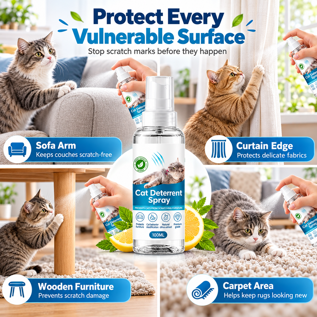 Common household furniture areas targeted by cat deterrent spray