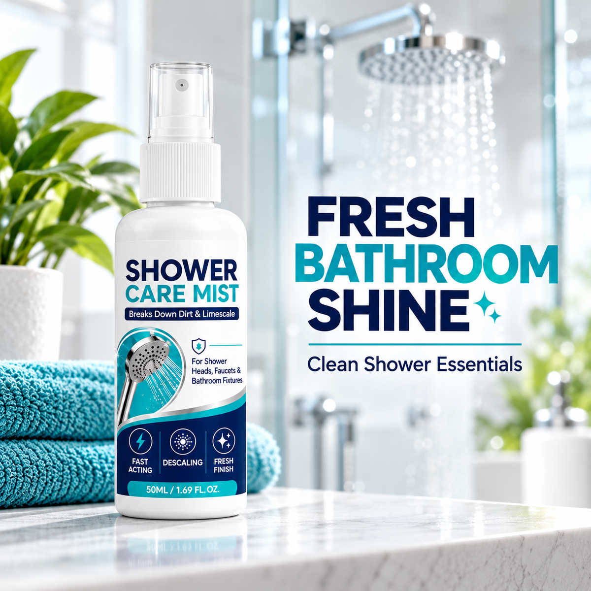Shower Care Mist bottle in a bright and fresh bathroom setting