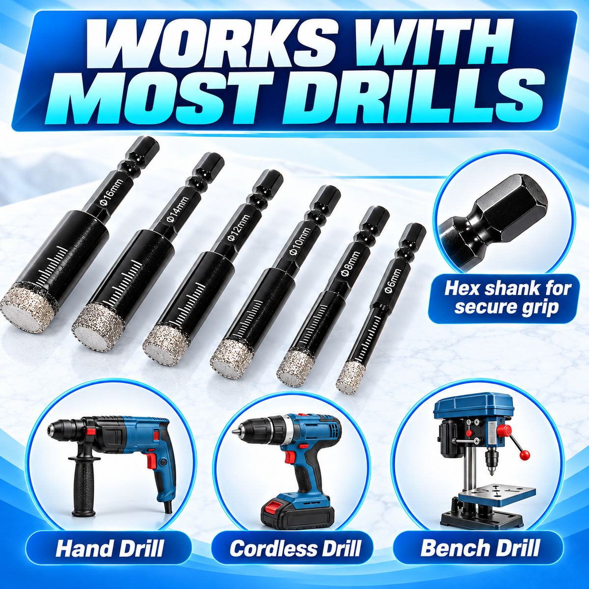 Diamond drill bit set with examples of compatible drilling tools