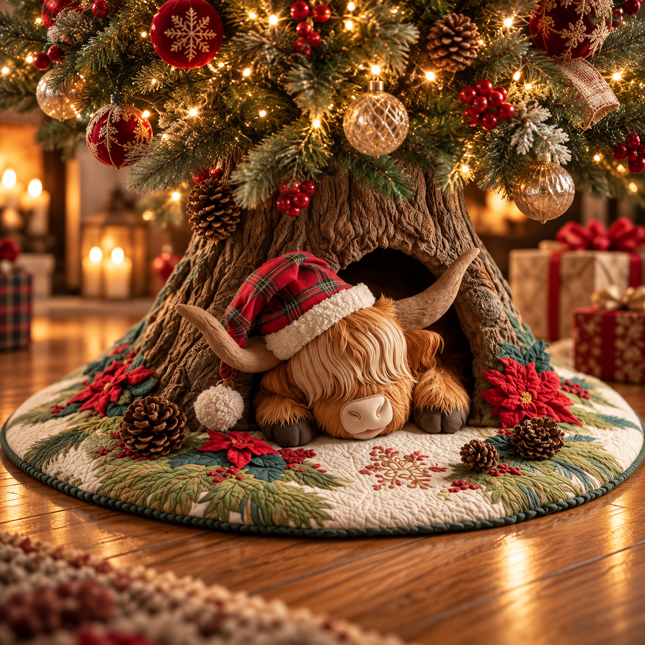 Festive Highland cow illustration on a Christmas tree skirt