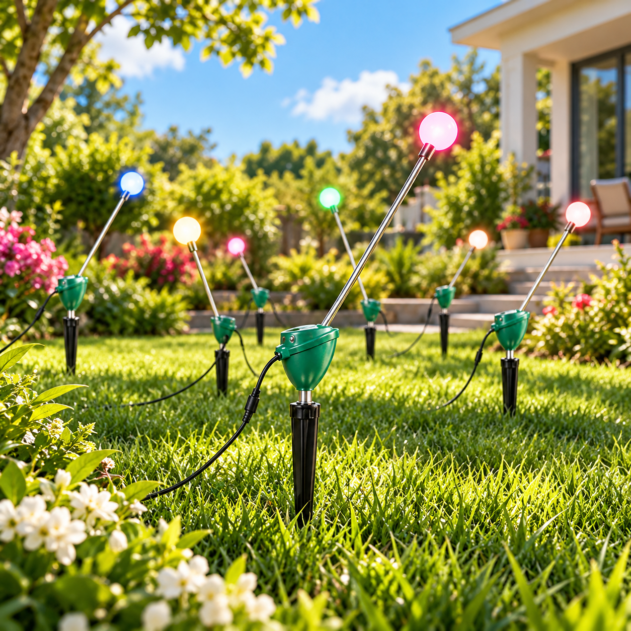 Daytime view of RGB firefly garden lights installed in green grass