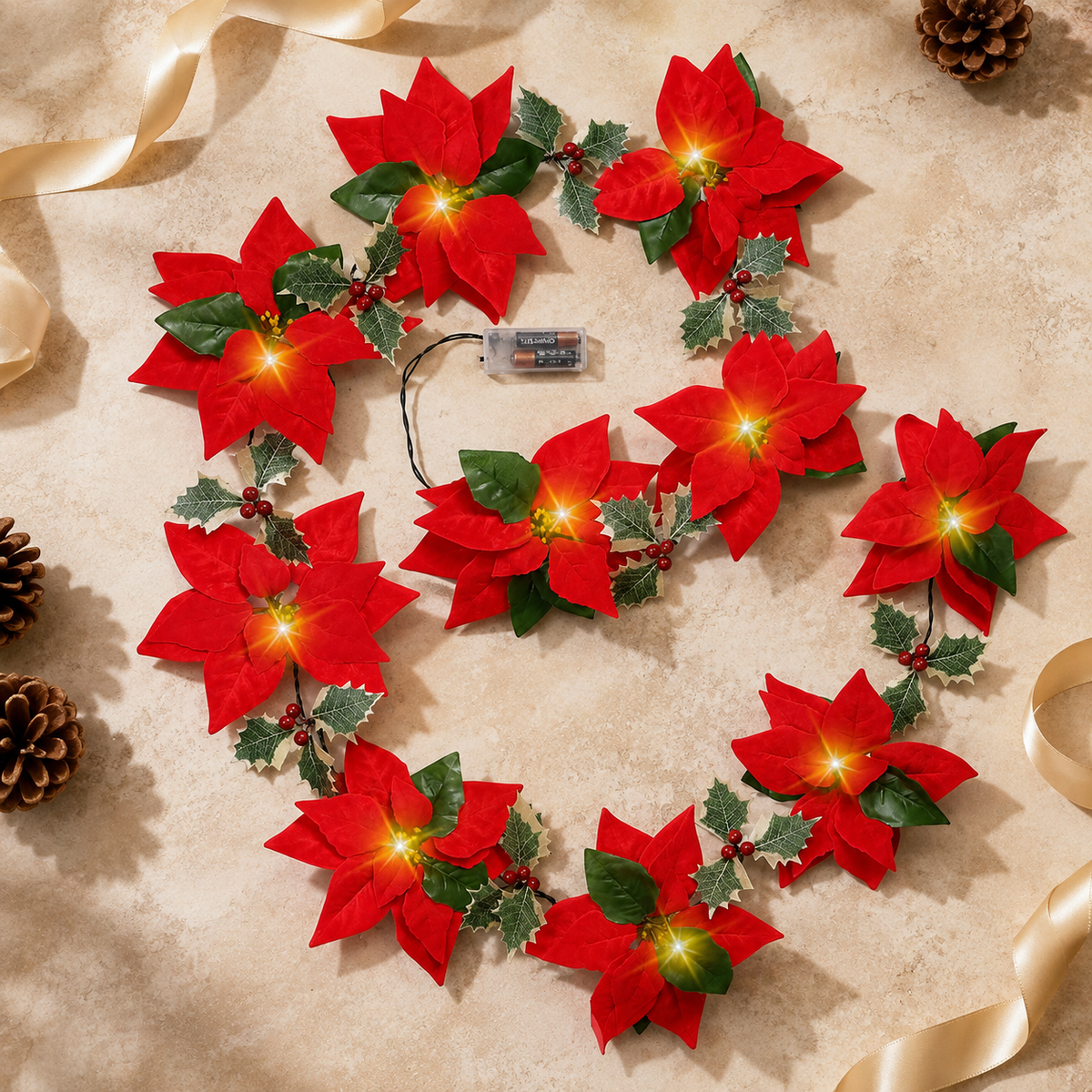 🎄 Poinsettia LED Garland Lights ✨ Magical Christmas Decor