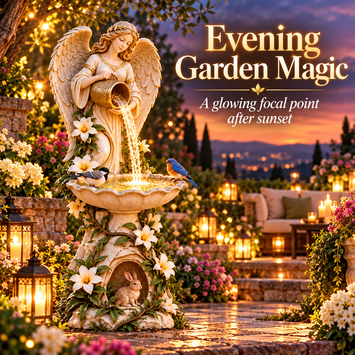 Angel-themed solar birdbath shown illuminated in an evening garden setting