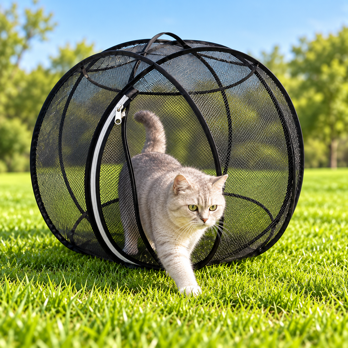 Cat stepping through the mesh playpen zippered door outdoors