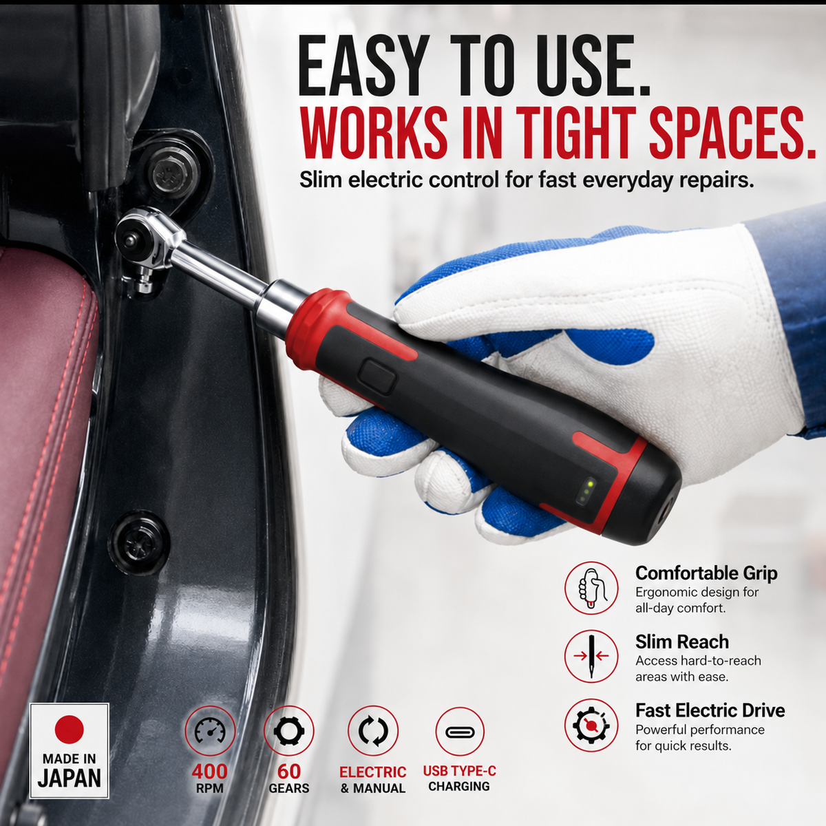 ⚡ Slim Electric Ratchet Wrench – 400 RPM USB-C Rechargeable Power Tool