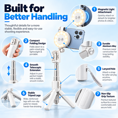 📸✨ Magnetic Palm Grip Selfie Stick & Tripod – 3-in-1 Adjustable Phone Holder
