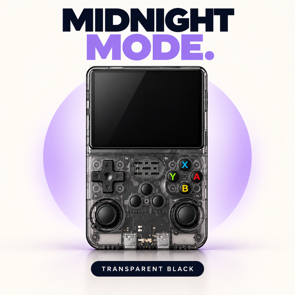 R36S transparent black handheld console design