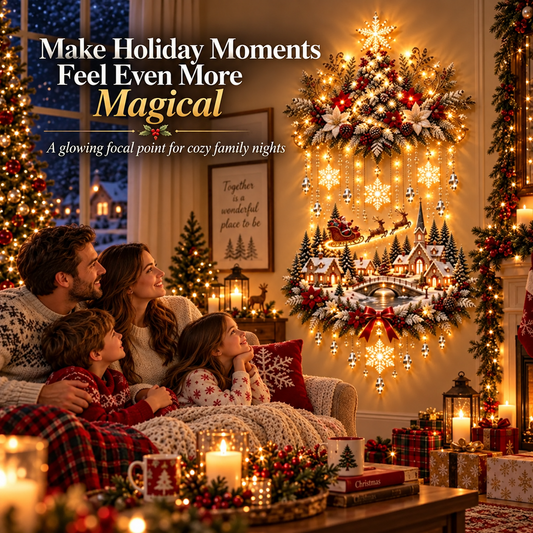 🎄 Lighted Christmas Tree & Village Wall Decor – Warm Cascading Glow