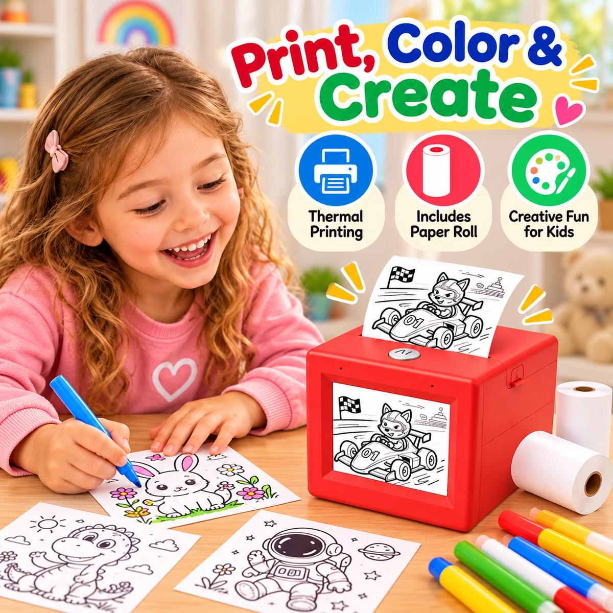 Child coloring printed artwork from the mini thermal printer