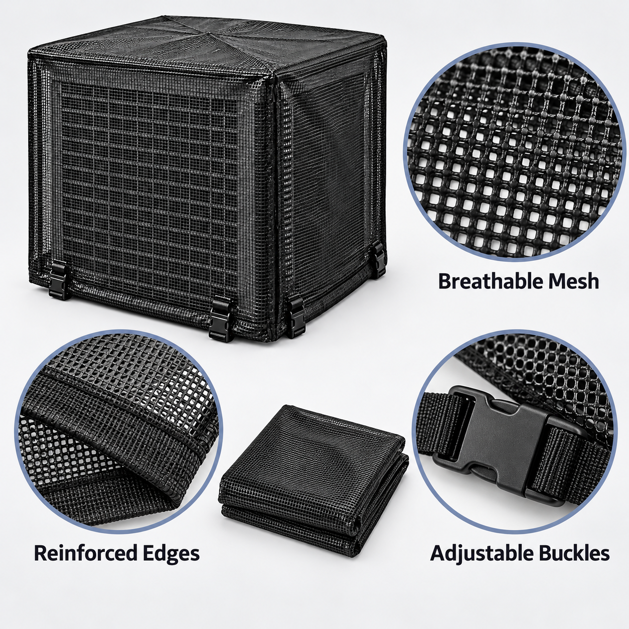 AC cover mesh fabric reinforced edges and buckles