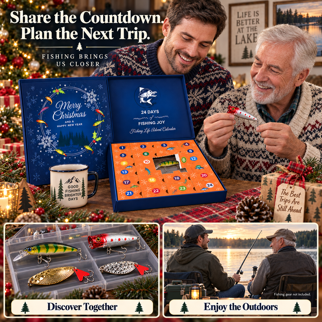 Father and son enjoying the Fishing Advent Calendar together