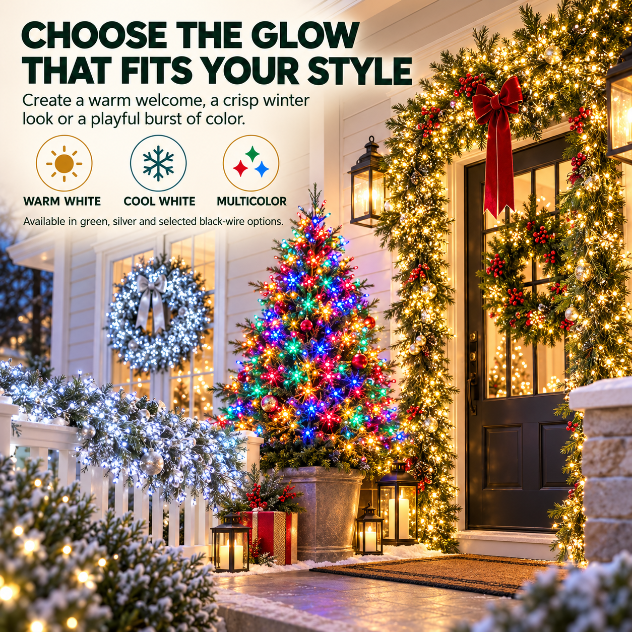 Warm white, cool white and multicolor LED Christmas lights displayed in holiday decorations