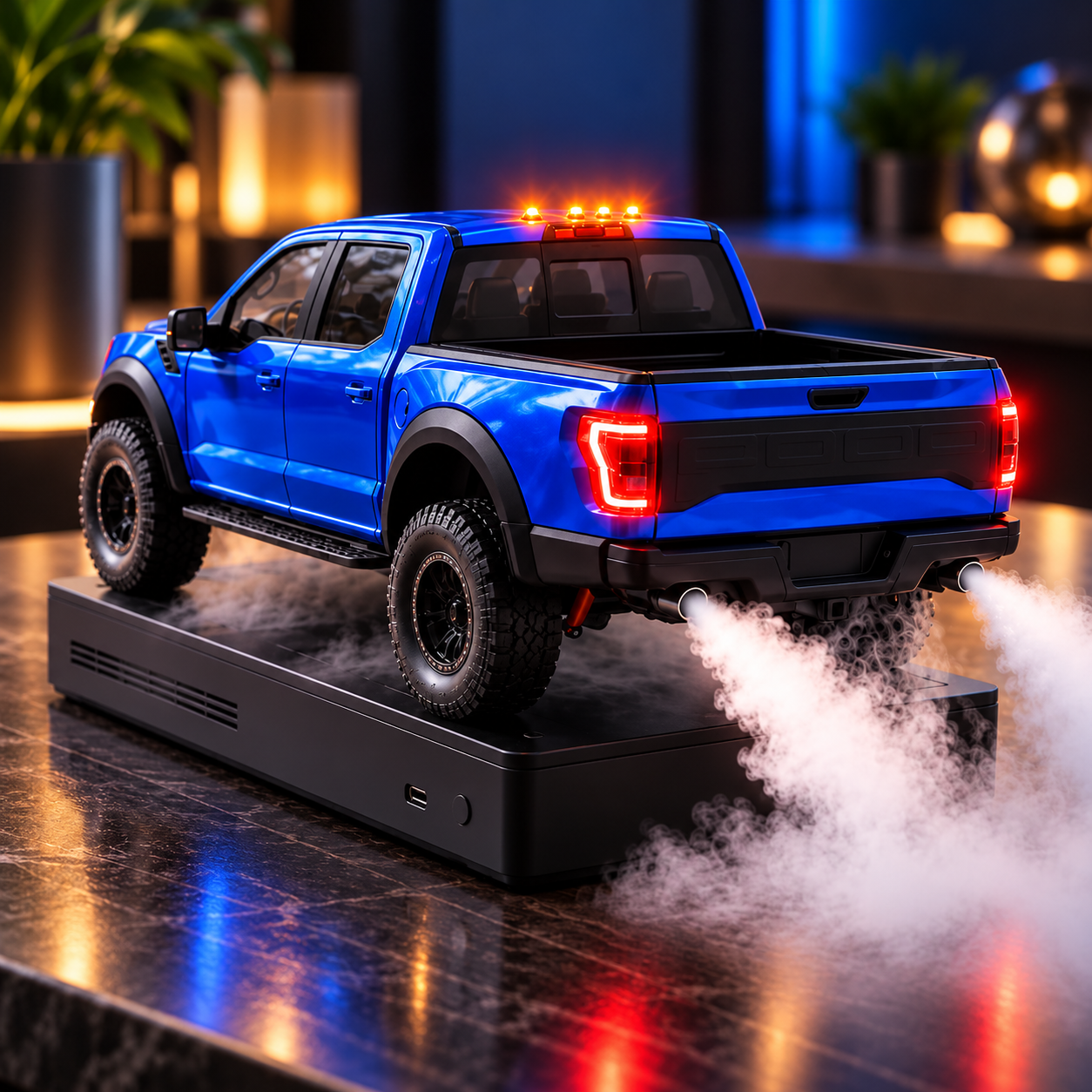 Blue pickup truck humidifier with illuminated roof lights and rear light accents