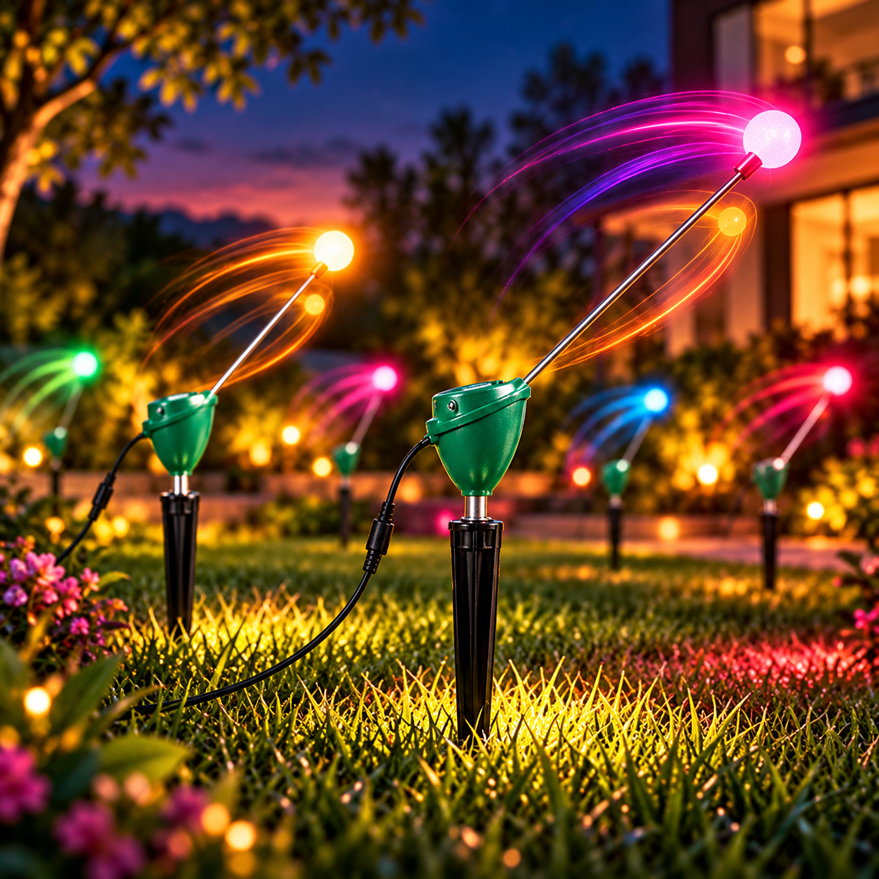Dancing RGB garden lights creating colorful streaks in an evening garden