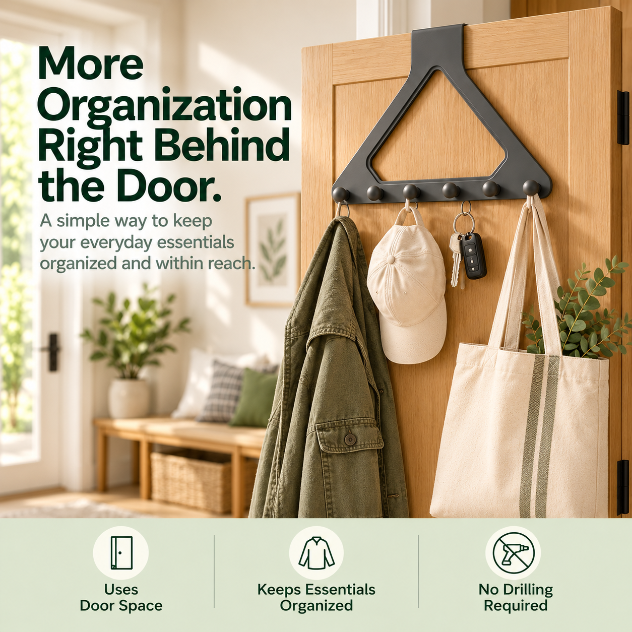 Gray door organizer with jacket and accessories