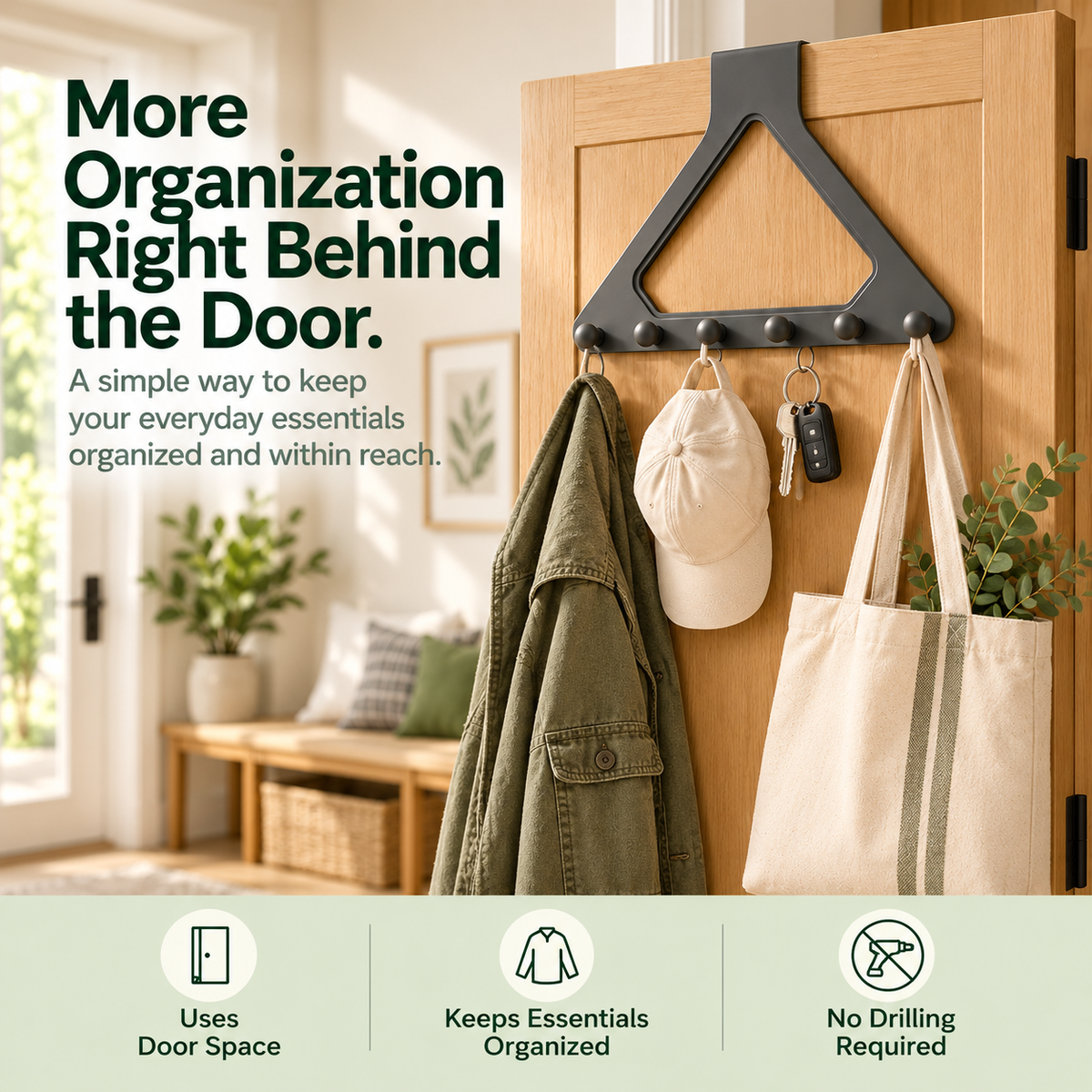 🚪 6-Hook Over-the-Door Organizer – No-Drill Triangle Hanging Rack for Clothes, Towels, Hats & Bags