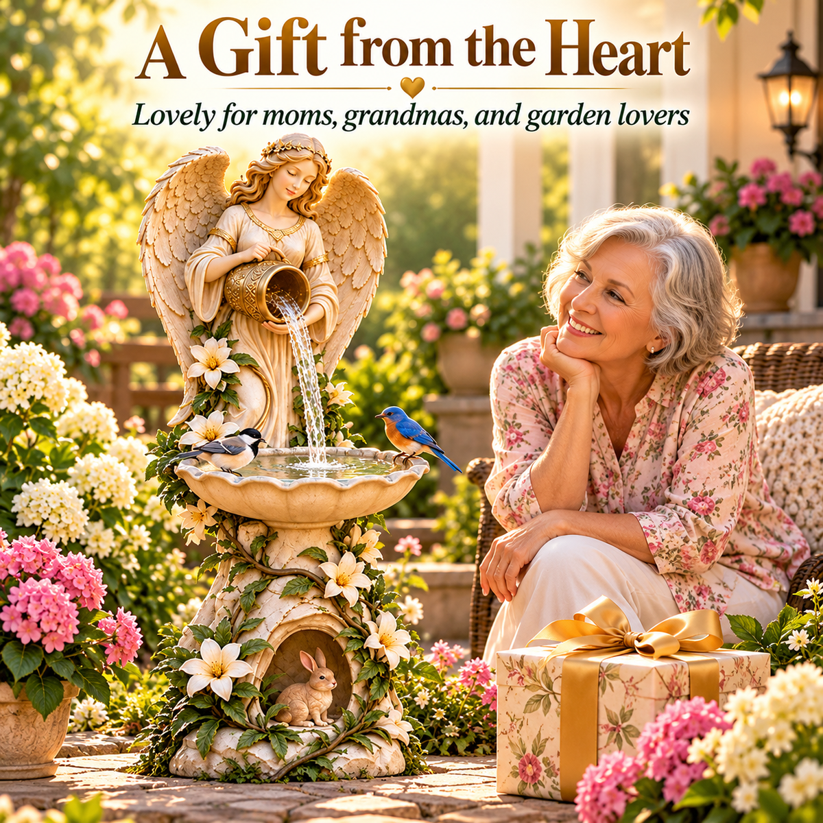 Angel garden birdbath presented as a decorative gift for garden enthusiasts