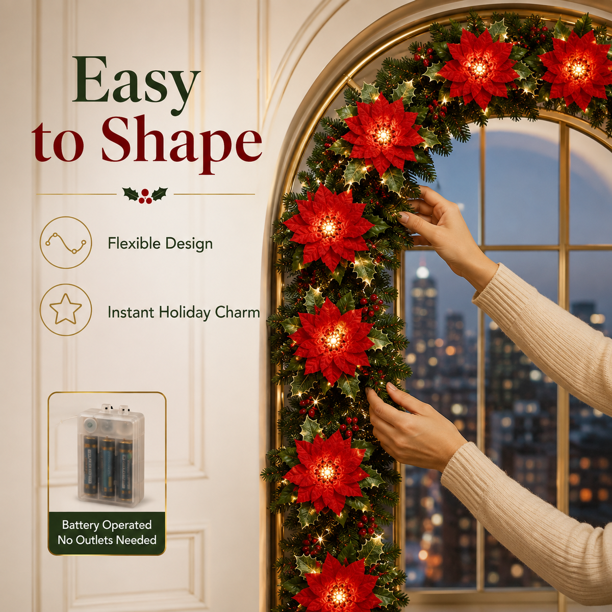 🎄 Poinsettia LED Garland Lights ✨ Magical Christmas Decor