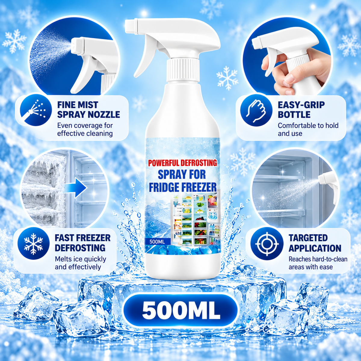Fine mist spray nozzle freezer defrosting spray