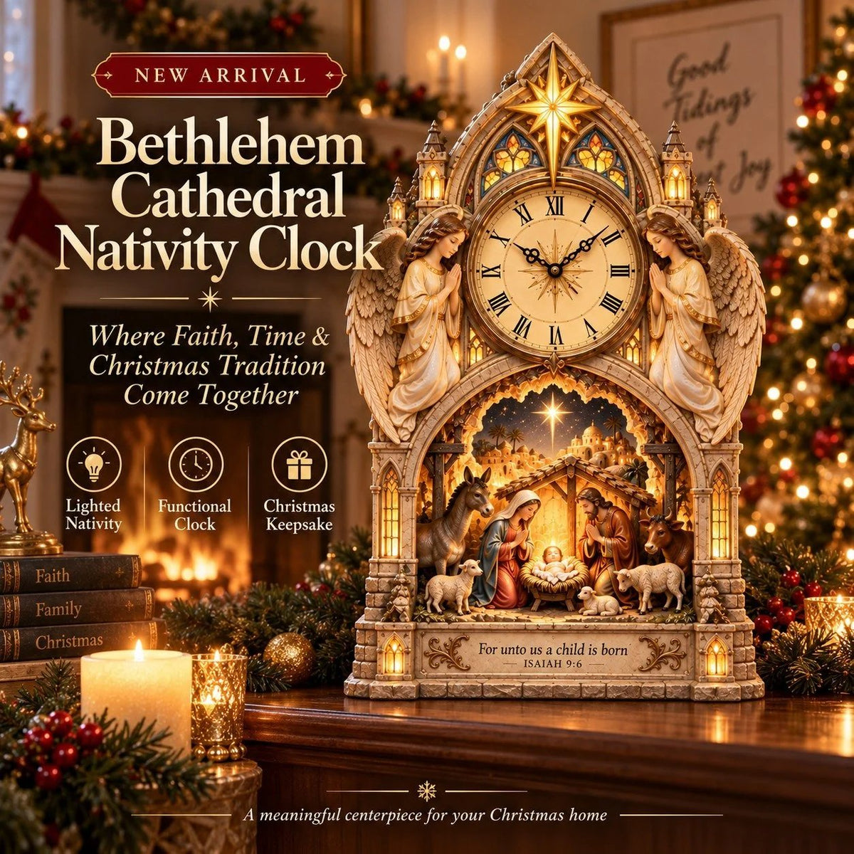 ✝️ Bethlehem Cathedral Nativity Clock | Lighted Christmas Centerpiece