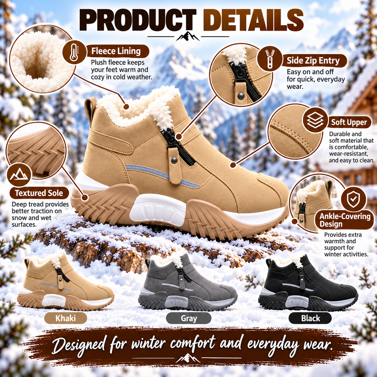 🔥 Cozy Fleece-Lined Winter Boots ❄️ Warm & Comfortable Anti-Slip Ankle Boots with Easy Side Zip