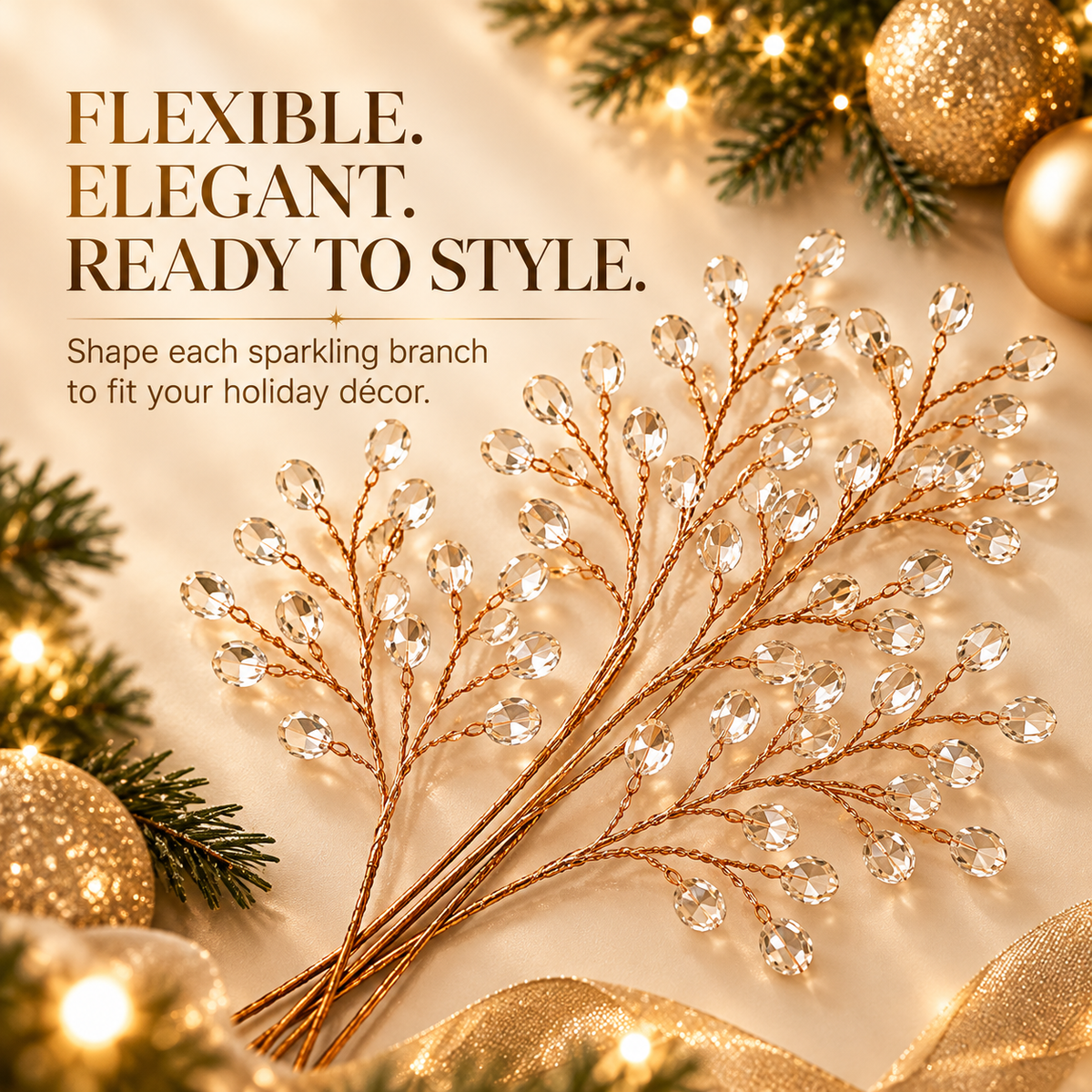 Crystal beaded decorative Christmas branch picks displayed on a light holiday background