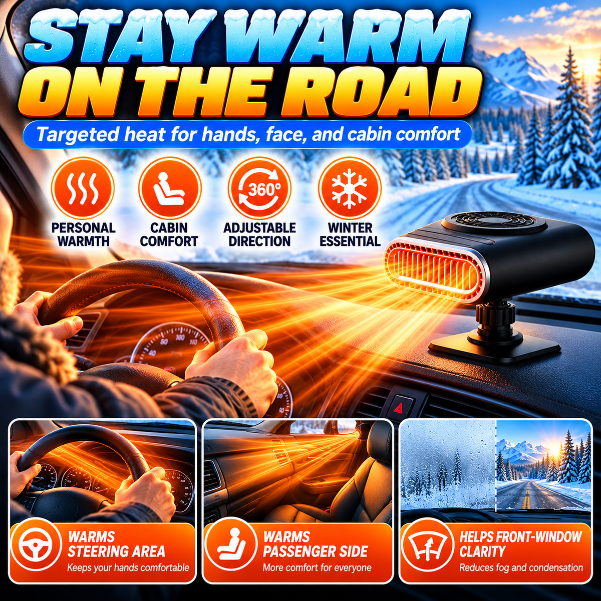 ❄️🔥 12V Portable Car Heater & Windshield Defogger – 360° Adjustable Fast Heating Fan for Winter Driving
