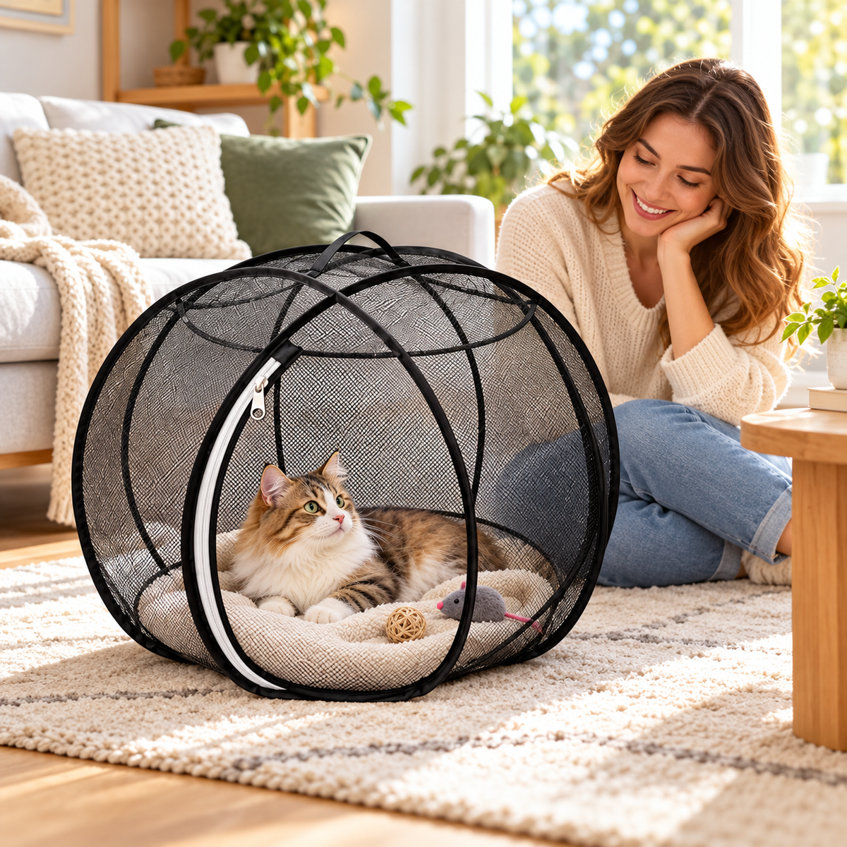 Cat relaxing in a mesh playpen with owner nearby indoors