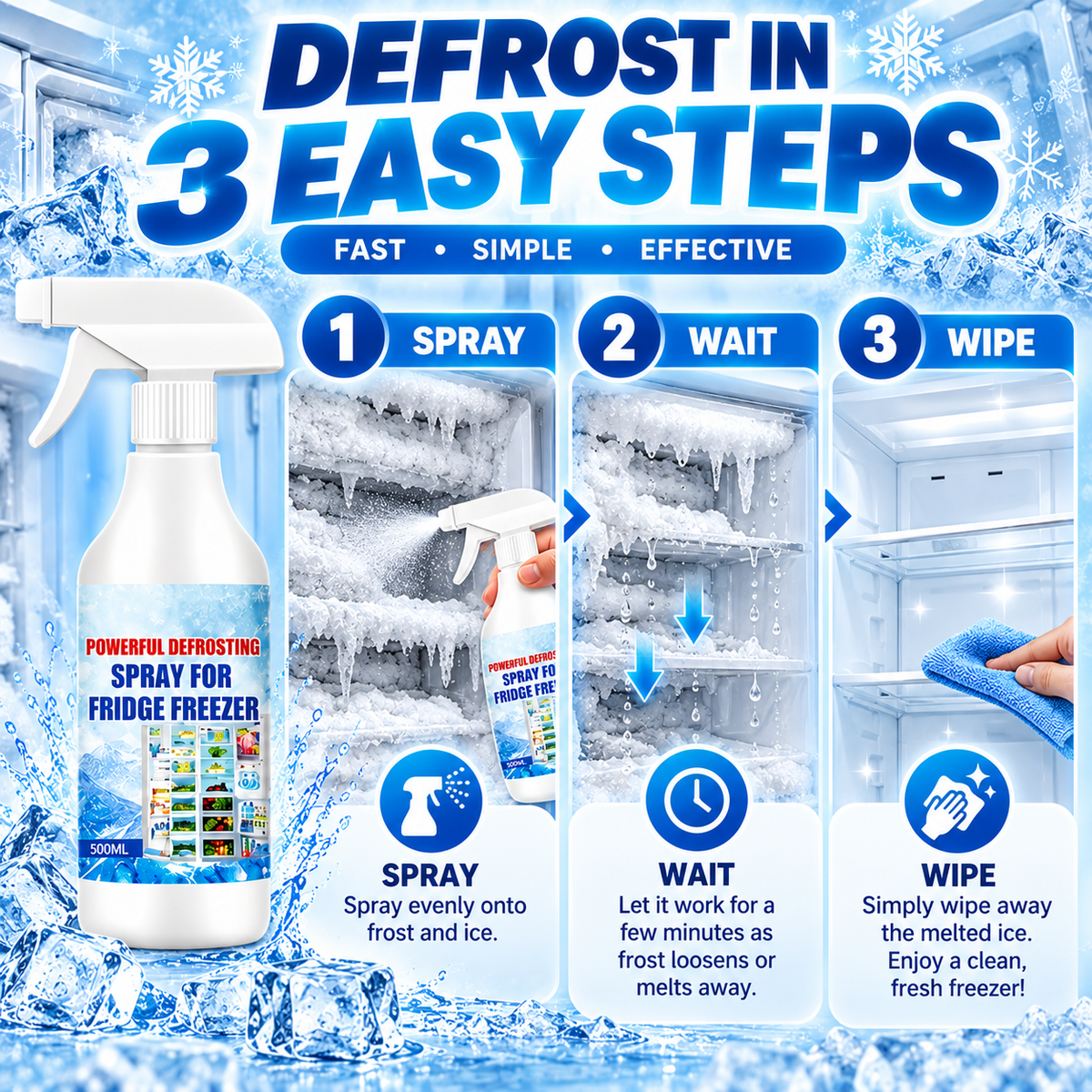 Three step freezer defrosting process