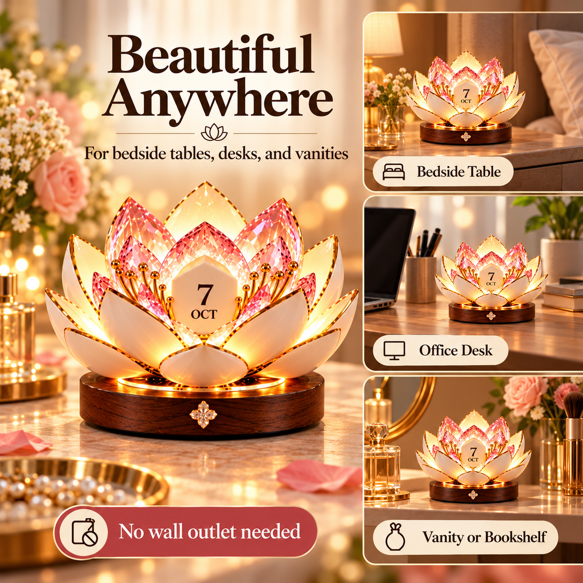 Blooming perpetual calendar styled on a bedside table, office desk and vanity