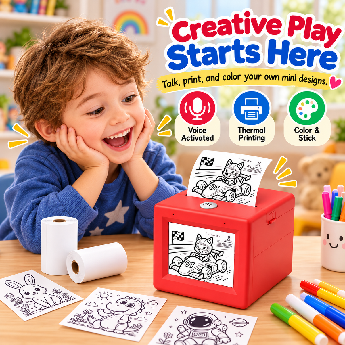 Child enjoying creative play with a red mini AI sticker printer