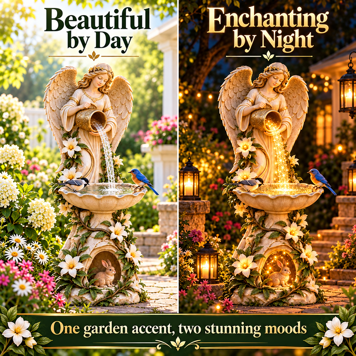 Side-by-side daytime and nighttime presentation of the Solar Angel Starlight Birdbath