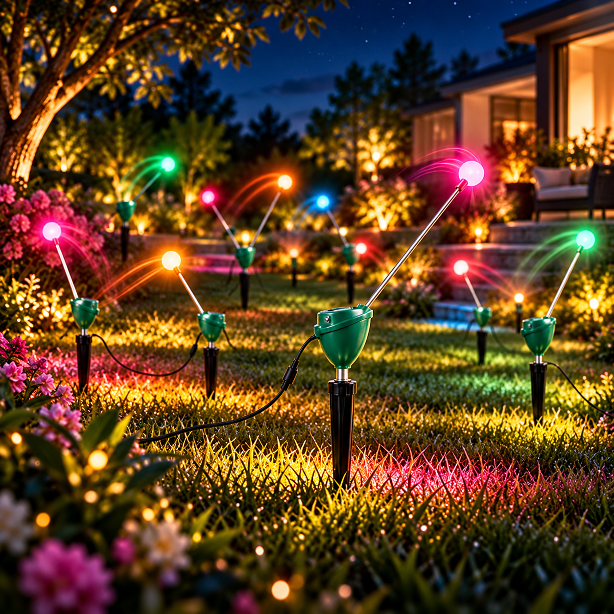 Multiple colorful firefly garden lights arranged across a landscaped backyard
