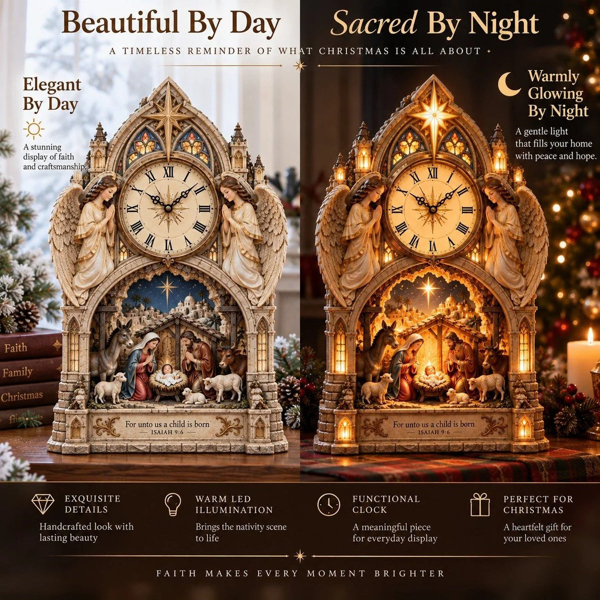 ✝️ Bethlehem Cathedral Nativity Clock | Lighted Christmas Centerpiece
