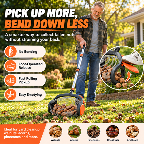 🌰 Telescoping Nut Gatherer with Foot Release – Rolling Picker for Walnuts, Acorns & Pinecones