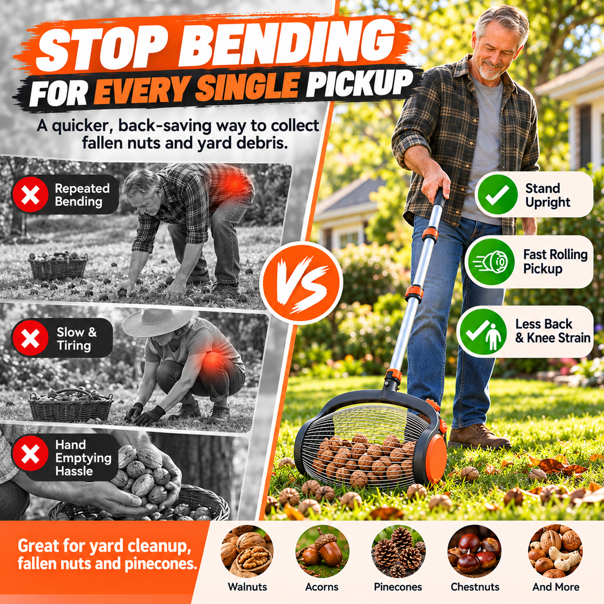 Rolling nut gatherer compared with hand pickup
