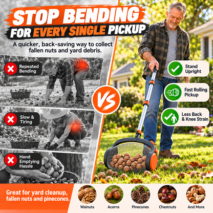 🌰 Telescoping Nut Gatherer with Foot Release – Rolling Picker for Walnuts, Acorns & Pinecones