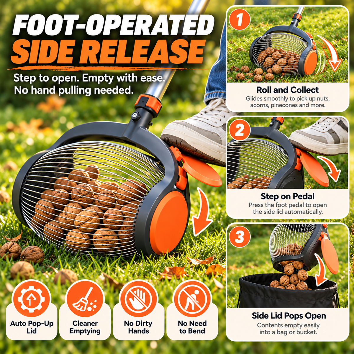 🌰 Telescoping Nut Gatherer with Foot Release – Rolling Picker for Walnuts, Acorns & Pinecones