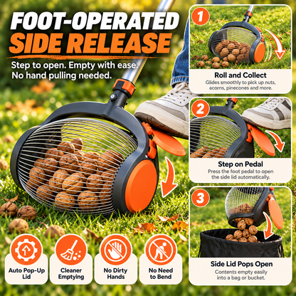 🌰 Telescoping Nut Gatherer with Foot Release – Rolling Picker for Walnuts, Acorns & Pinecones