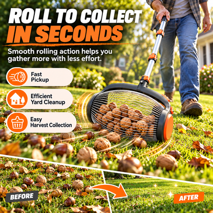 🌰 Telescoping Nut Gatherer with Foot Release – Rolling Picker for Walnuts, Acorns & Pinecones