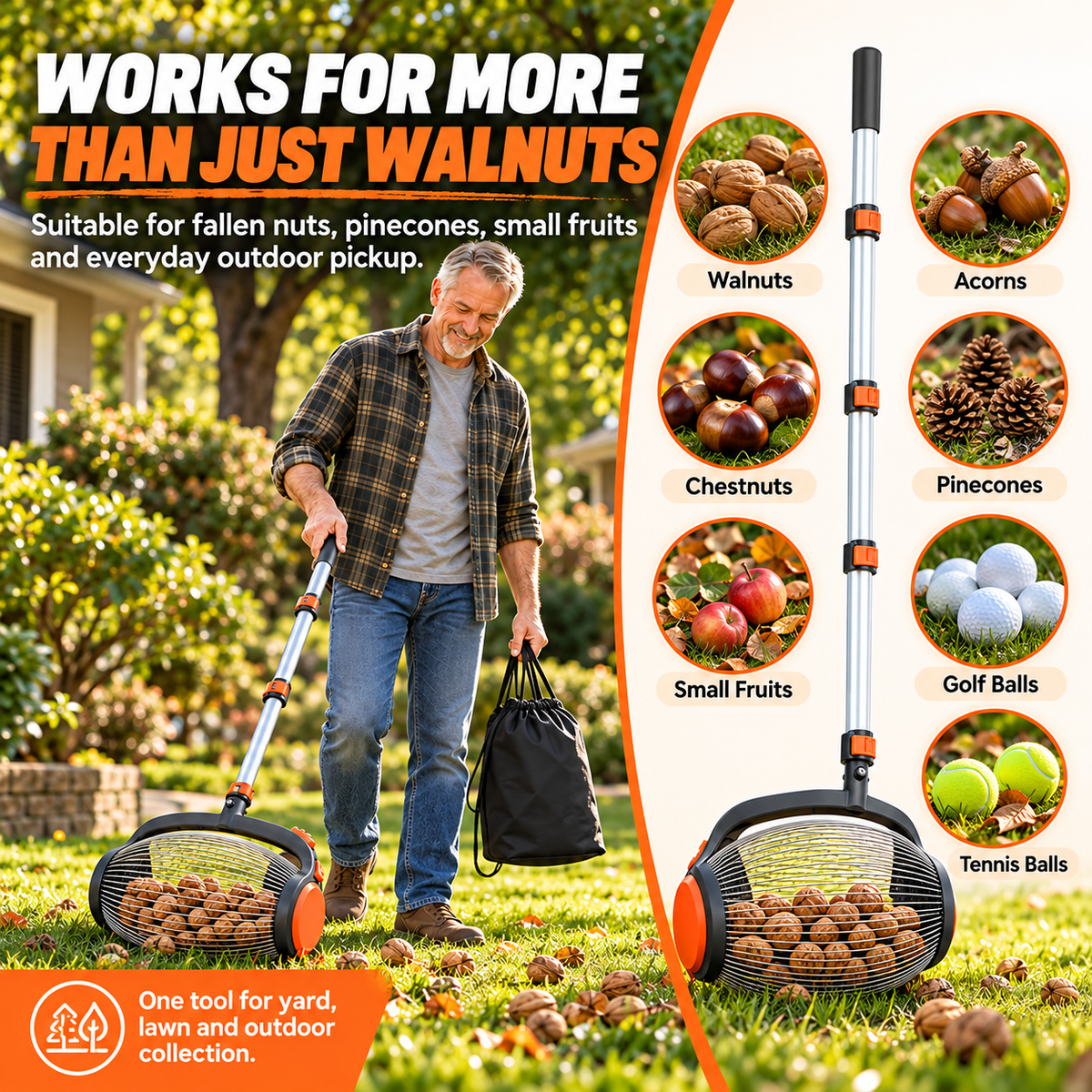 🌰 Telescoping Nut Gatherer with Foot Release – Rolling Picker for Walnuts, Acorns & Pinecones