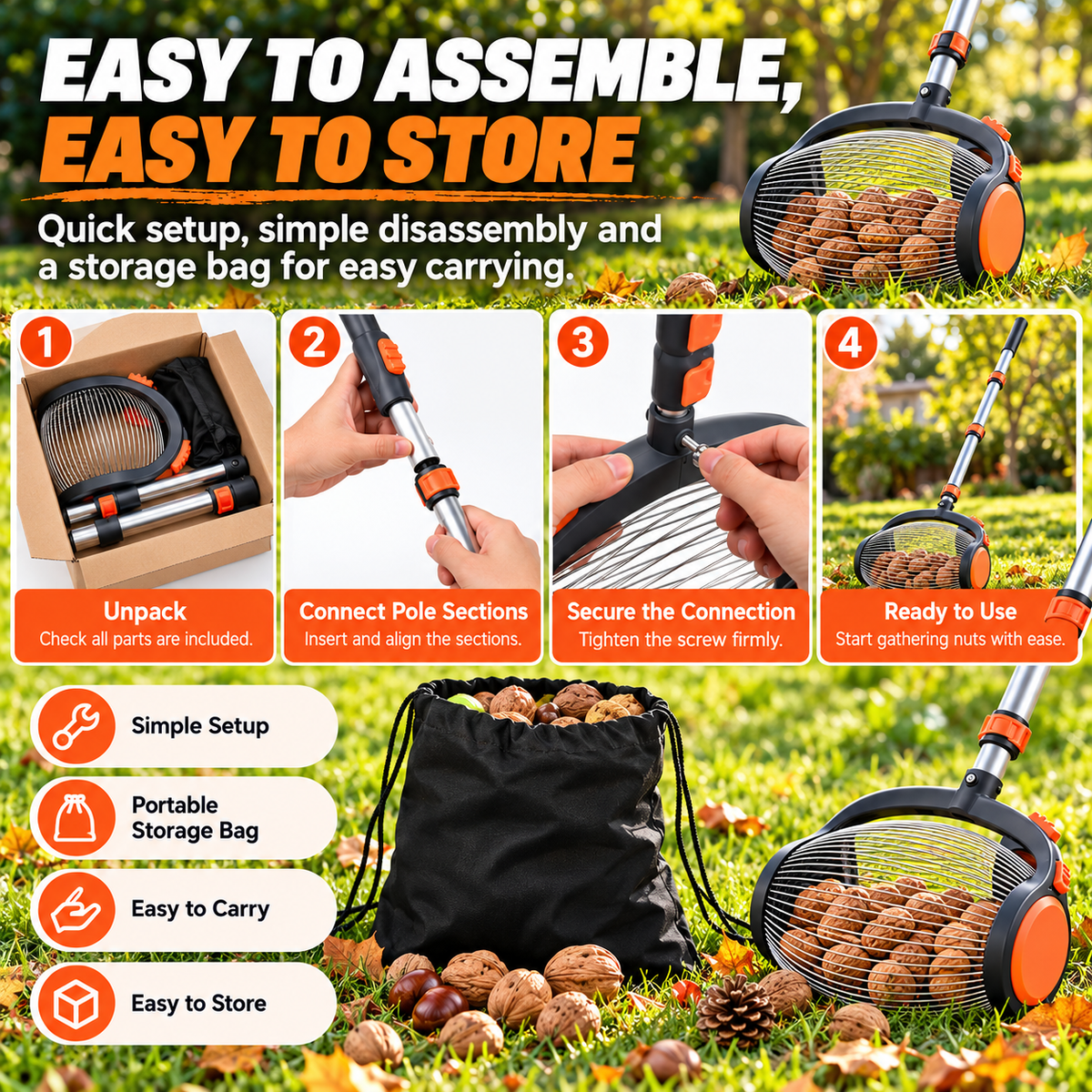 🌰 Telescoping Nut Gatherer with Foot Release – Rolling Picker for Walnuts, Acorns & Pinecones