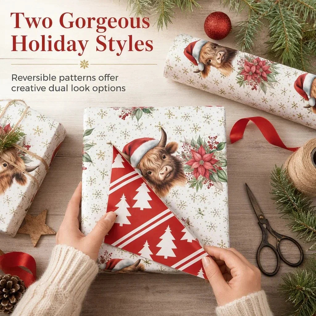 🎄🐮 Christmas Highland Cow & Floral Wrapping Paper Roll – Festive Holiday Gift Wrap