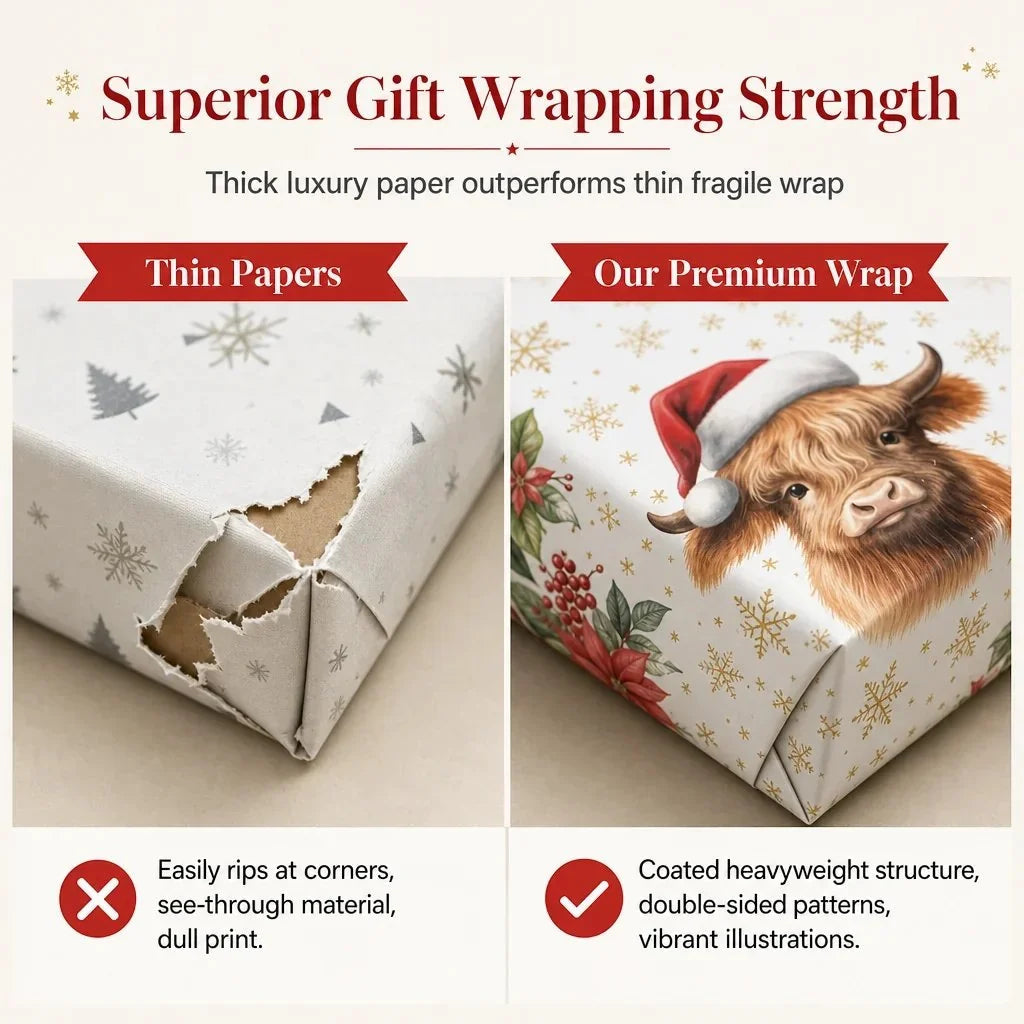 🎄🐮 Christmas Highland Cow & Floral Wrapping Paper Roll – Festive Holiday Gift Wrap