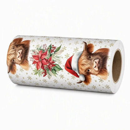 🎄🐮 Christmas Highland Cow & Floral Wrapping Paper Roll – Festive Holiday Gift Wrap