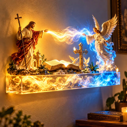 ✝️✨ Divine Light of Faith – 3D Illuminated Angel Wall Art with Glowing Cross & Heavenly Glow 🕊️
