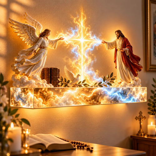 ✝️✨ Divine Light of Faith – 3D Illuminated Angel Wall Art with Glowing Cross & Heavenly Glow 🕊️