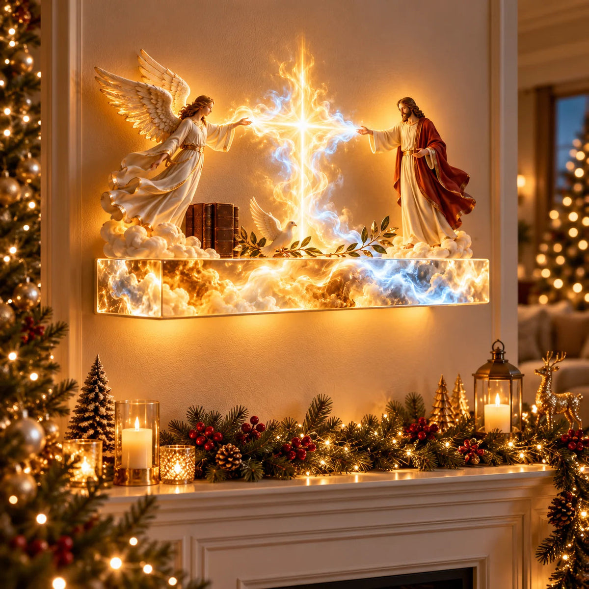 ✝️✨ Divine Light of Faith – 3D Illuminated Angel Wall Art with Glowing Cross & Heavenly Glow 🕊️