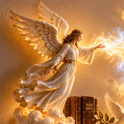 ✝️✨ Divine Light of Faith – 3D Illuminated Angel Wall Art with Glowing Cross & Heavenly Glow 🕊️
